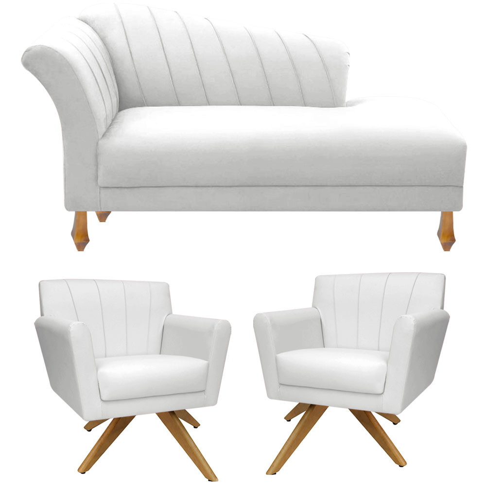 Kit Recamier Divã Sofá Chaise Para Clinica 1.60m + 02 Poltronas Giratórias Decorativa Para Sala de Noiva Iza - Nanda Decor