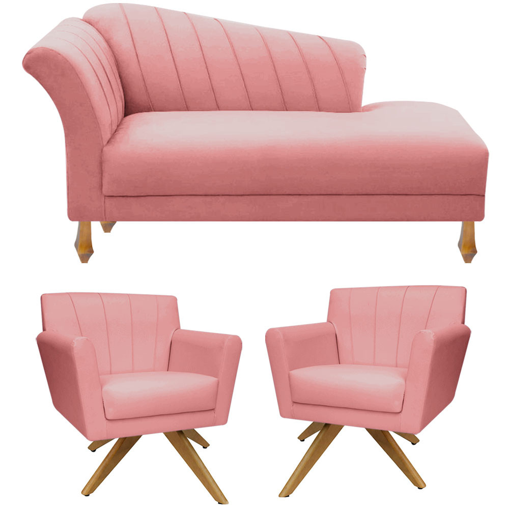 Kit Recamier Divã Sofá Chaise Para Clinica 1,80 + 02 Poltronas Decorativa Retro Para Sala de Noiva Iza - Nanda Decor