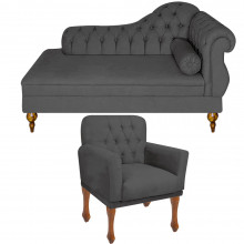 Recamier Divã Sofá Chaise Consultório Clínica Cancun 1.80m + 01 Poltrona Decorativa Capitonê Bia - Nanda Decor