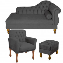 Recamier Divã Sofá Chaise Consultório Clínica Cancun 1.60m + 01 Poltrona Decorativa Retro Bia + 01 Puff Retro Luis XV - Nanda Decor