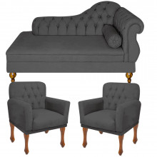 Recamier Divã Sofá Chaise Consultório Clínica Cancun 1.40m + 02 Poltrona Decorativa Capitonê Bia - Nanda Decor