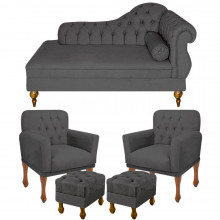Recamier Divã Sofá Chaise Consultório Clínica Cancun 1.60m + 02 Poltronas Decorativa Retro Bia + 02 Puffs Retro Luis XV - Nanda Decor